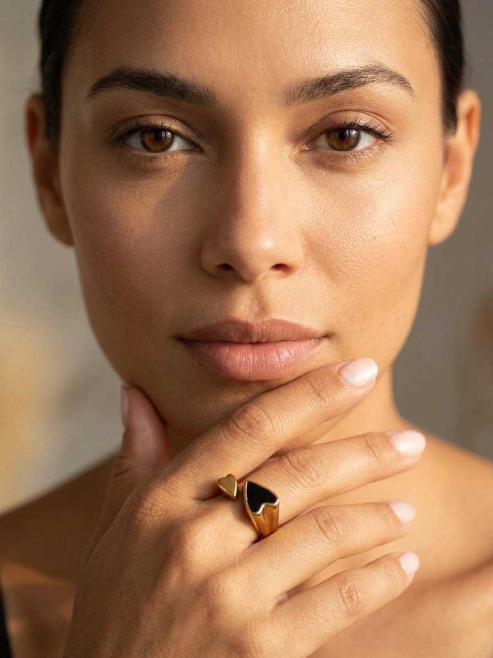 Statement Gold Heart Double Ring with Black Enamel Accent